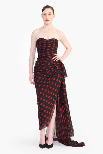 Buy_Gauri & Nainika_Black Chiffon Sweetheart Neck Polka Dot Draped Dress _at_Aza_Fashions