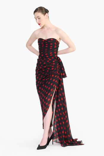 Buy_Gauri & Nainika_Black Chiffon Sweetheart Neck Polka Dot Draped Dress _Online_at_Aza_Fashions