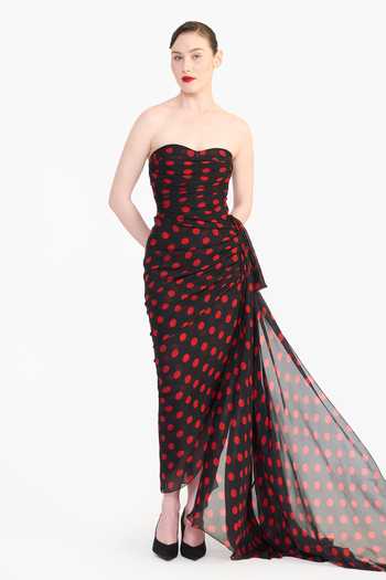 Gauri & Nainika_Black Chiffon Sweetheart Neck Polka Dot Draped Dress _at_Aza_Fashions
