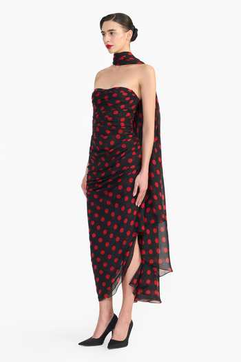 Shop_Gauri & Nainika_Black Chiffon Bandeau Neck Corseted Pencil Dress With Scarf Drape _at_Aza_Fashions