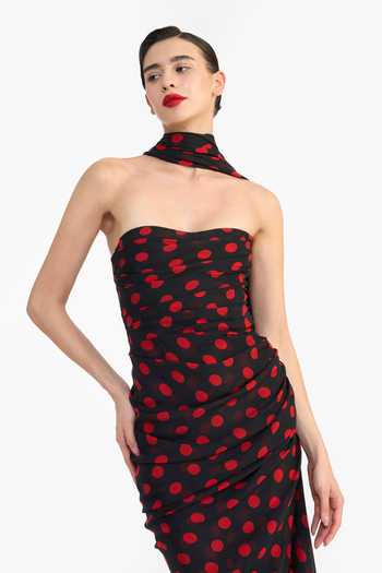 Gauri & Nainika_Black Chiffon Bandeau Neck Corseted Pencil Dress With Scarf Drape _Online_at_Aza_Fashions