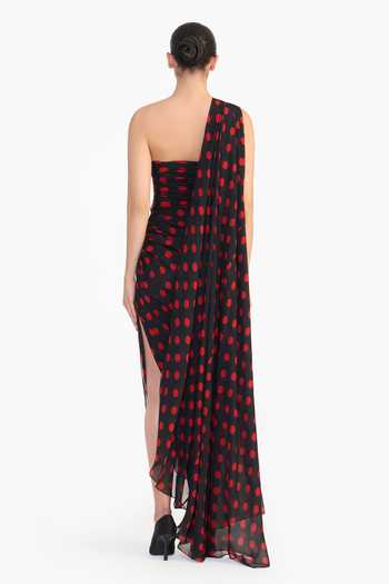 Shop_Gauri & Nainika_Black Chiffon One Shoulder Corseted Pencil Draped Saree Dress _at_Aza_Fashions