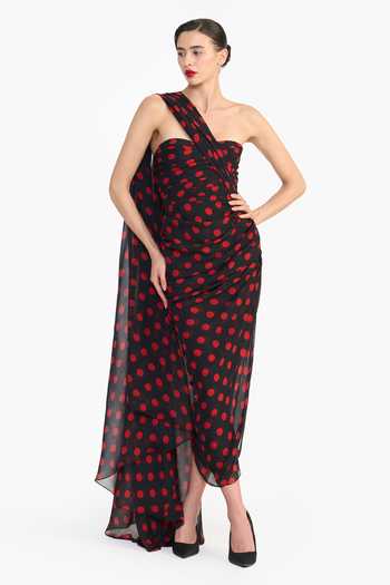 Buy_Gauri & Nainika_Black Chiffon One Shoulder Corseted Pencil Draped Saree Dress _Online_at_Aza_Fashions