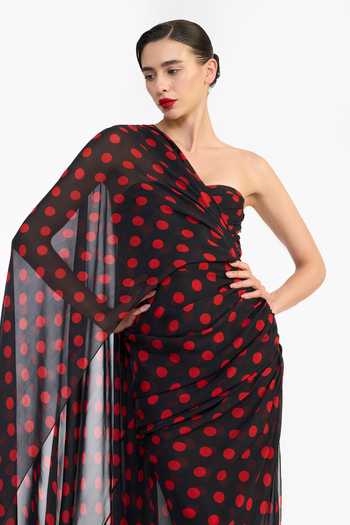 Shop_Gauri & Nainika_Black Chiffon One Shoulder Corseted Pencil Draped Saree Dress _Online_at_Aza_Fashions