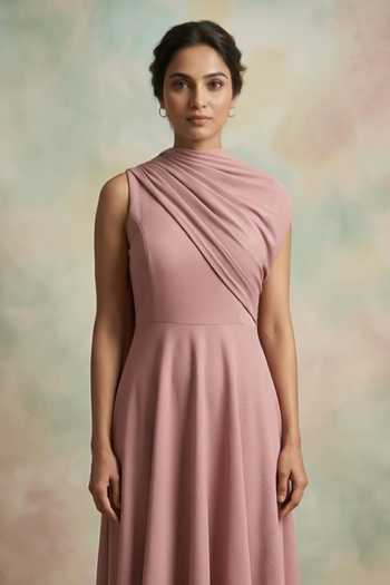 Nidhi Kejriwal_Pink Lycra Cowl Neck Draped Shoulder Gown _Online_at_Aza_Fashions