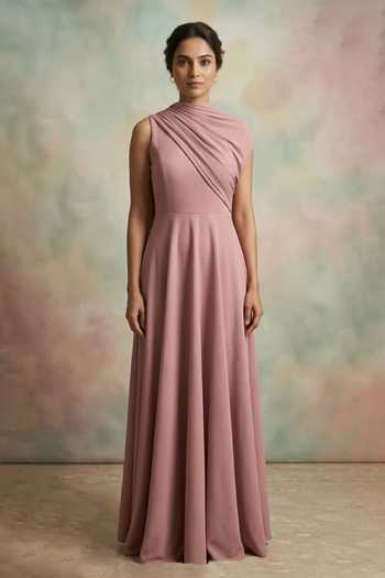 Buy_Nidhi Kejriwal_Pink Lycra Cowl Neck Draped Shoulder Gown _at_Aza_Fashions