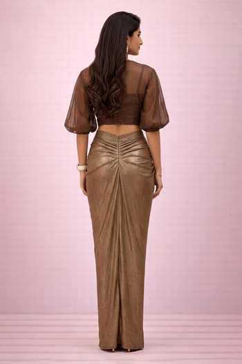 Shop_Nidhi Kejriwal_Brown Lycra, Organza, Tissue Square Neck Sheer Crop Top And Draped Skirt Set _at_Aza_Fashions