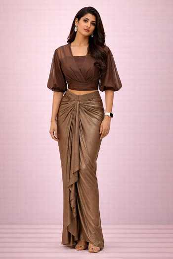 Buy_Nidhi Kejriwal_Brown Lycra, Organza, Tissue Square Neck Sheer Crop Top And Draped Skirt Set _at_Aza_Fashions