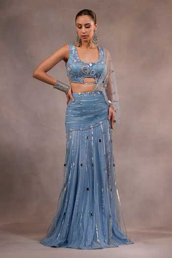 Buy_One Knot One By Ashna_Blue Tulle Square Neck Hand Embroidered Pre-draped Saree With Blouse _Online_at_Aza_Fashions