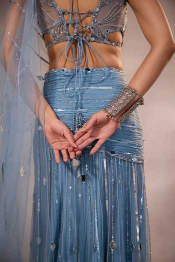 Shop_One Knot One By Ashna_Blue Tulle Square Neck Hand Embroidered Pre-draped Saree With Blouse _Online_at_Aza_Fashions