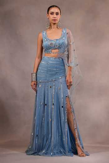 One Knot One By Ashna_Blue Tulle Square Neck Hand Embroidered Pre-draped Saree With Blouse _at_Aza_Fashions