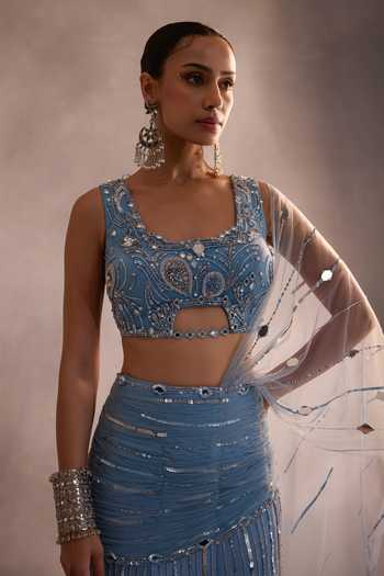 Buy_One Knot One By Ashna_Blue Tulle Square Neck Hand Embroidered Pre-draped Saree With Blouse 
