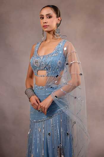 Shop_One Knot One By Ashna_Blue Tulle Square Neck Hand Embroidered Pre-draped Saree With Blouse 