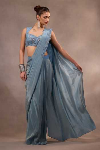 Buy_One Knot One By Ashna_Blue Tissue, Crepe Sweetheart Neck Pre-draped Saree With Embroidered Blouse _Online_at_Aza_Fashions