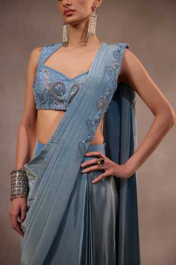 Shop_One Knot One By Ashna_Blue Tissue, Crepe Sweetheart Neck Pre-draped Saree With Embroidered Blouse _Online_at_Aza_Fashions