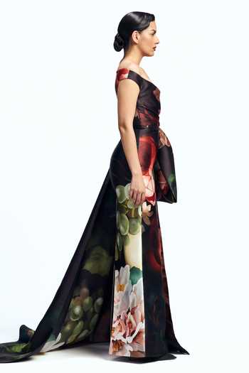 Gauri & Nainika_Black Off-shoulder Printed Draped Gown _Online_at_Aza_Fashions