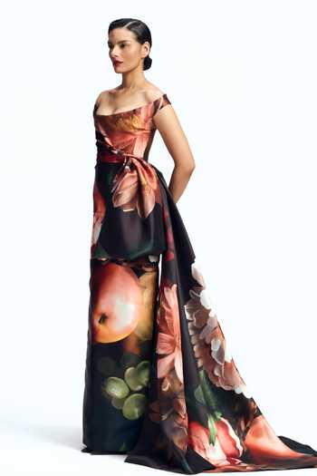 Buy_Gauri & Nainika_Black Off-shoulder Printed Draped Gown _Online_at_Aza_Fashions