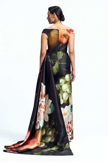 Shop_Gauri & Nainika_Black Off-shoulder Printed Draped Gown _at_Aza_Fashions