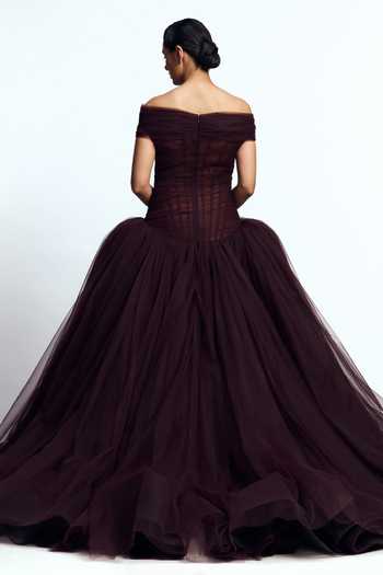 Shop_Gauri & Nainika_Burgundy Tulle Embroidery, Stones, Crystals, Fabric Flowers Off Draped Gown _at_Aza_Fashions