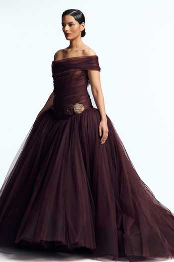 Gauri & Nainika_Burgundy Tulle Embroidery, Stones, Crystals, Fabric Flowers Off Draped Gown _Online_at_Aza_Fashions