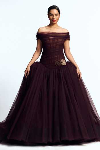 Buy_Gauri & Nainika_Burgundy Tulle Embroidery, Stones, Crystals, Fabric Flowers Off Draped Gown _Online_at_Aza_Fashions