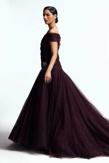 Shop_Gauri & Nainika_Burgundy Tulle Embroidery, Stones, Crystals, Fabric Flowers Off Draped Gown _Online_at_Aza_Fashions
