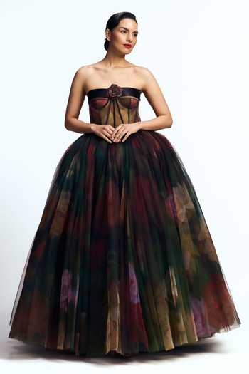 Shop_Gauri & Nainika_Green Tulle Bandeau Neck Oil On Canvas Print Dress _Online_at_Aza_Fashions