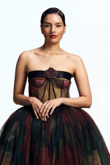 Gauri & Nainika_Green Tulle Bandeau Neck Oil On Canvas Print Dress _at_Aza_Fashions