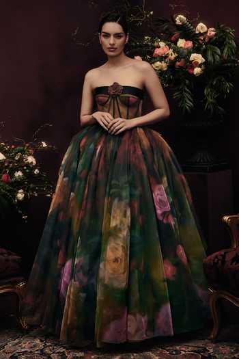 Buy_Gauri & Nainika_Green Tulle Bandeau Neck Oil On Canvas Print Dress _at_Aza_Fashions