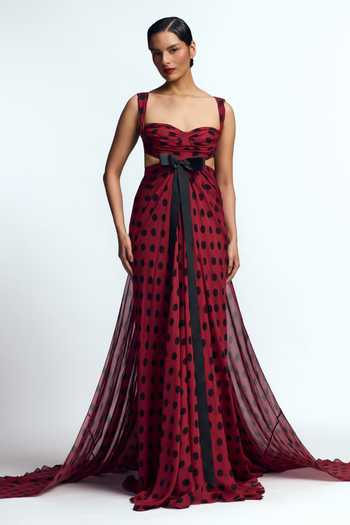 Shop_Gauri & Nainika_Wine Chiffon Bows Sweetheart Neck Mermaid Cut Out Gown _Online_at_Aza_Fashions