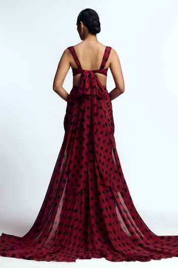Shop_Gauri & Nainika_Wine Chiffon Bows Sweetheart Neck Mermaid Cut Out Gown _at_Aza_Fashions