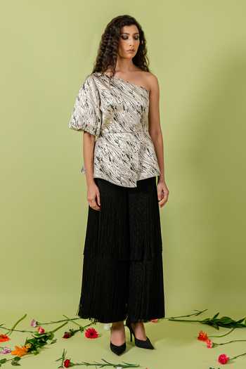 Shop_Swatee Singh_Silver Jacquard One Shoulder Peplum Top _Online_at_Aza_Fashions