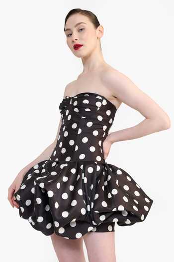 Shop_Gauri & Nainika_Black Sweetheart , Bandeau Polka Dot Print Dress _Online_at_Aza_Fashions