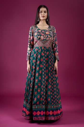 Samyukta Singhania_Green Polyester, Chinon Scoop Neck Floral Butti Print Anarkali And Dupatta Set _Online_at_Aza_Fashions