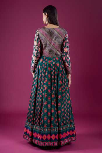 Shop_Samyukta Singhania_Green Polyester, Chinon Scoop Neck Floral Butti Print Anarkali And Dupatta Set _at_Aza_Fashions