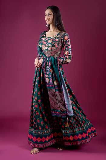 Buy_Samyukta Singhania_Green Polyester, Chinon Scoop Neck Floral Butti Print Anarkali And Dupatta Set _Online_at_Aza_Fashions