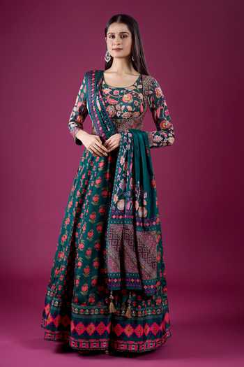 Buy_Samyukta Singhania_Green Polyester, Chinon Scoop Neck Floral Butti Print Anarkali And Dupatta Set _at_Aza_Fashions