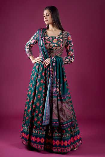 Samyukta Singhania_Green Polyester, Chinon Scoop Neck Floral Butti Print Anarkali And Dupatta Set _at_Aza_Fashions