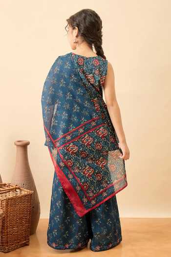 Shop_StyloBug_Blue Cotton Floral Print Kurta Set _at_Aza_Fashions