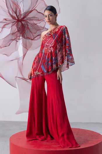 Buy_Vesture_Red Crepe, Chiffon, Lurex One Shoulder Dhadak Print Top With Sharara 