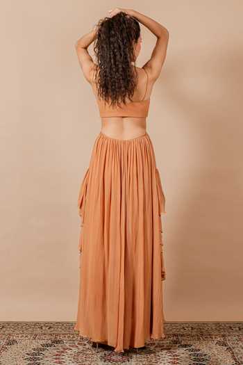 Shop_Swatee Singh_Brown Georgette Sweetheart Neck Yara Ruched Gown _at_Aza_Fashions