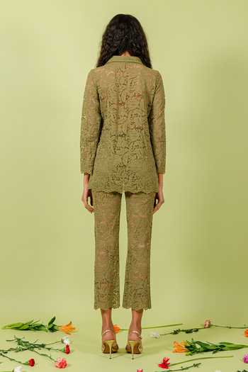 Shop_Swatee Singh_Olive Green Lace, Crepe Collared Neck Shirt And Pant Set _at_Aza_Fashions