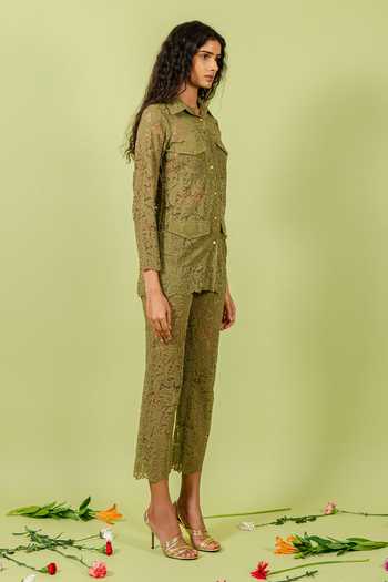 Buy_Swatee Singh_Olive Green Lace, Crepe Collared Neck Shirt And Pant Set _Online_at_Aza_Fashions