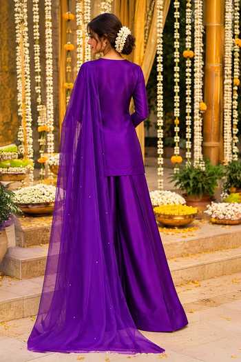 Shop_Label Lila_Purple Silk, Organza Split V-neck, Yes Amethyst Straight Kurta Palazzo Set _at_Aza_Fashions