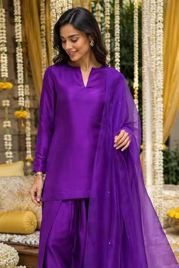 Label Lila_Purple Silk, Organza Split V-neck, Yes Amethyst Straight Kurta Palazzo Set _Online_at_Aza_Fashions