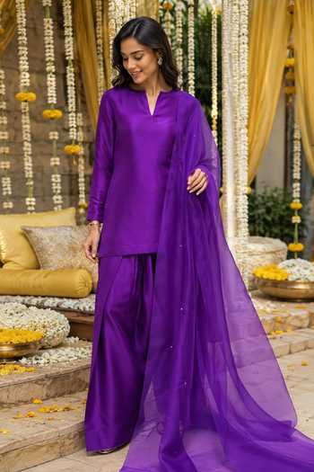 Buy_Label Lila_Purple Silk, Organza Split V-neck, Yes Amethyst Straight Kurta Palazzo Set _at_Aza_Fashions