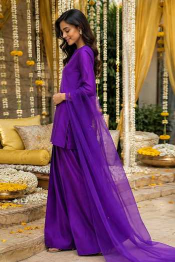 Buy_Label Lila_Purple Silk, Organza Split V-neck, Yes Amethyst Straight Kurta Palazzo Set _Online_at_Aza_Fashions