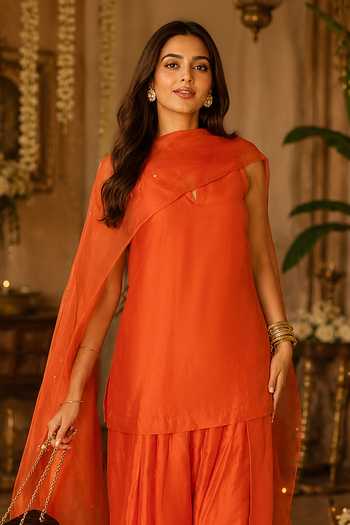 Label Lila_Orange Silk, Organza High Neck, Yes Carnelian Straight Kurta Palazzo Set _Online_at_Aza_Fashions