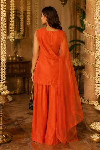 Shop_Label Lila_Orange Silk, Organza High Neck, Yes Carnelian Straight Kurta Palazzo Set _at_Aza_Fashions