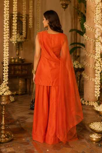 Shop_Label Lila_Orange Silk, Organza High Neck, Yes Carnelian Straight Kurta Palazzo Set _Online_at_Aza_Fashions